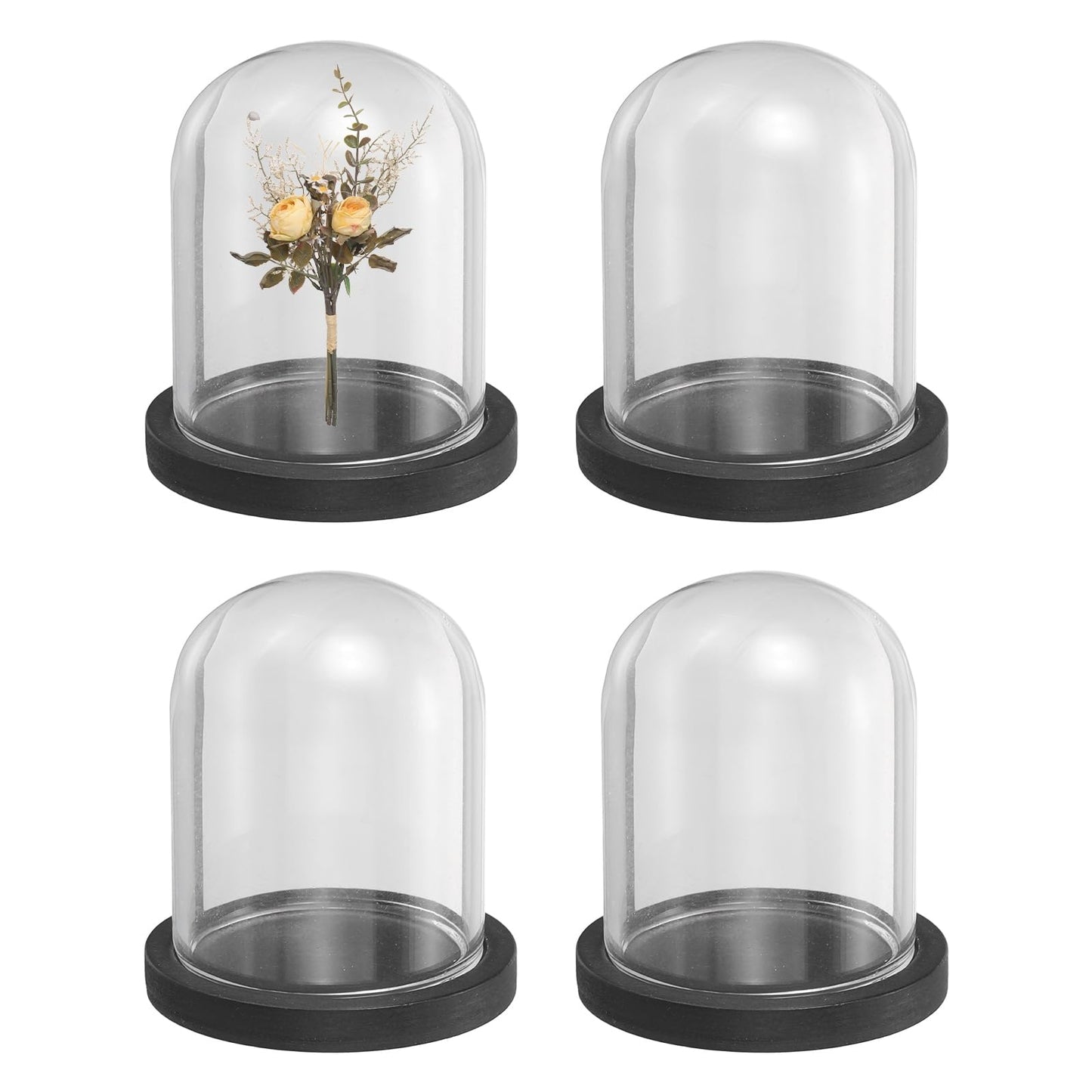 uxcell 4Pcs Glass Display Dome, 1.4" x 1.7" Clear Cloche Glass Dome Decorative Bell Jar with Wooden Base for Collectibles Display Candle Tabletop Centerpiece Plants Wedding, Black