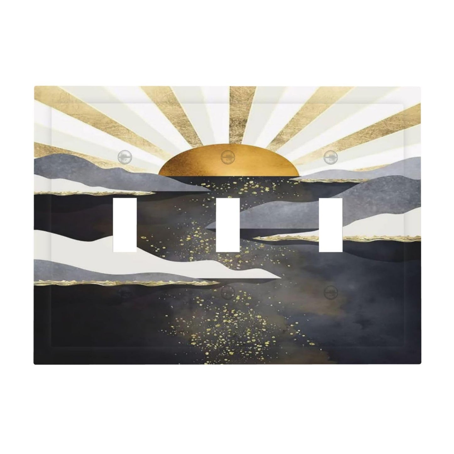 Mid Century Abstract Boho Gold Sun Sunrise 3 Gang Light Switch Cover Decorative Triple Toggle Wall Plate Electrical Faceplate Switchplate for Bathroom Bedroom Home Decor