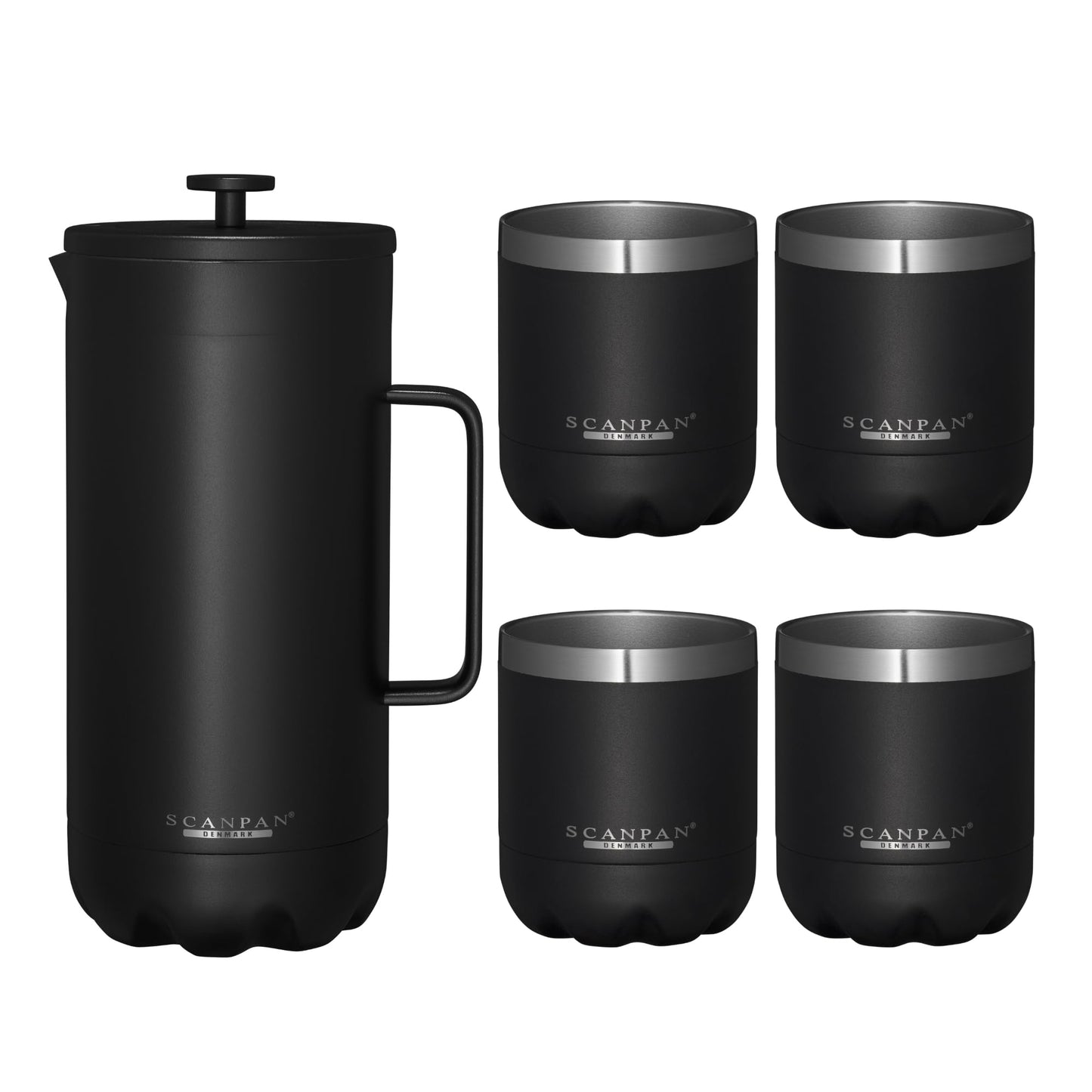 Scanpan TO GO French Press Coffee Maker 1.0L (Black) + 4 Vacuum Cups 250 mL (Black) - 18/8 Food Grade Stainless Steel - Scratch-Free Coating - Dishwasher Safe