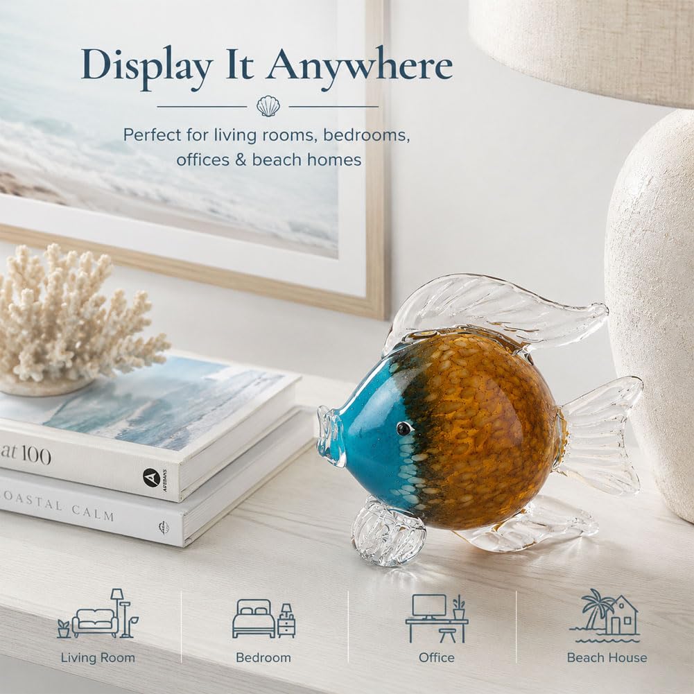 QIANLING Glass Fish Figurines - Coastal Home Decor, Modern Ocean Centerpieces for Living Room, Dining Area, Bathroom, Office, Coffee Table, Beach House, Nautical, Seaside, Entrance, Shelf Display