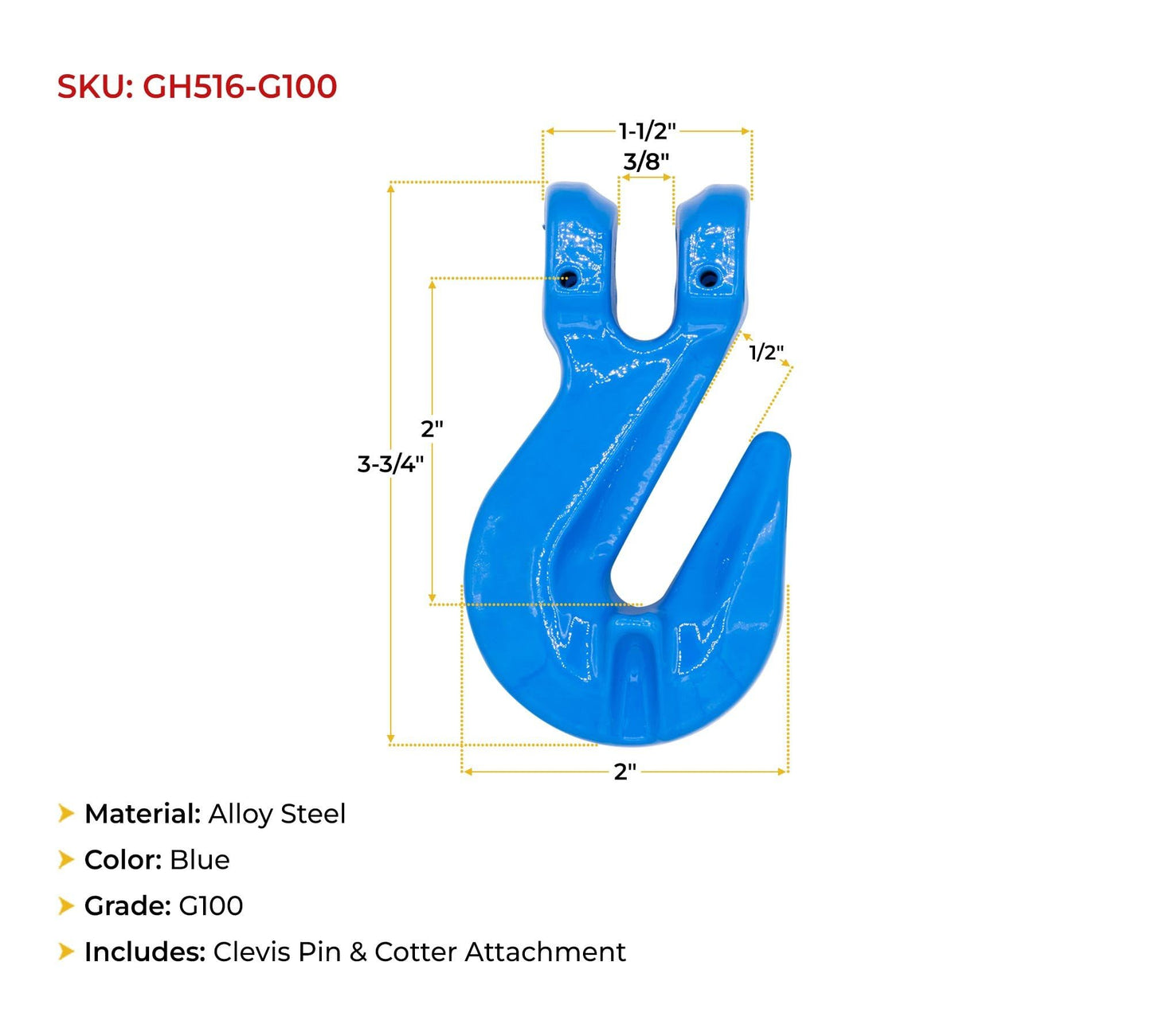Mytee Products 5/16" Grade 100 Cradle Clevis Grab Hook for Lifting - 5,500 LBS WLL Heavy Duty Tow Chain Hook for Trailer/Truck Transport
