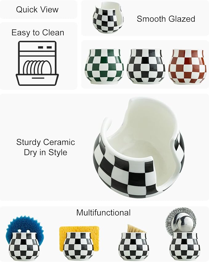 Checkered Sponge Holder for Kitchen Sink, Ceramic Dish Sponge Dish Rack Scrubby