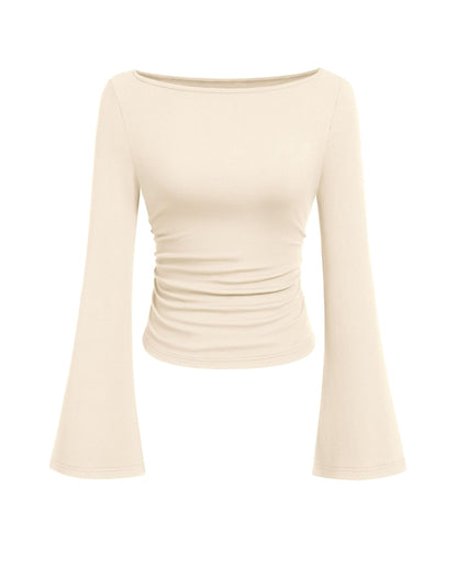 PRETTYGARDEN Women's Long Sleeve Shirts 2025 Fall Crop Going Out Tops Casual Boat Neck Bell Sleeve Ribbed Ruched Y2K Clothes