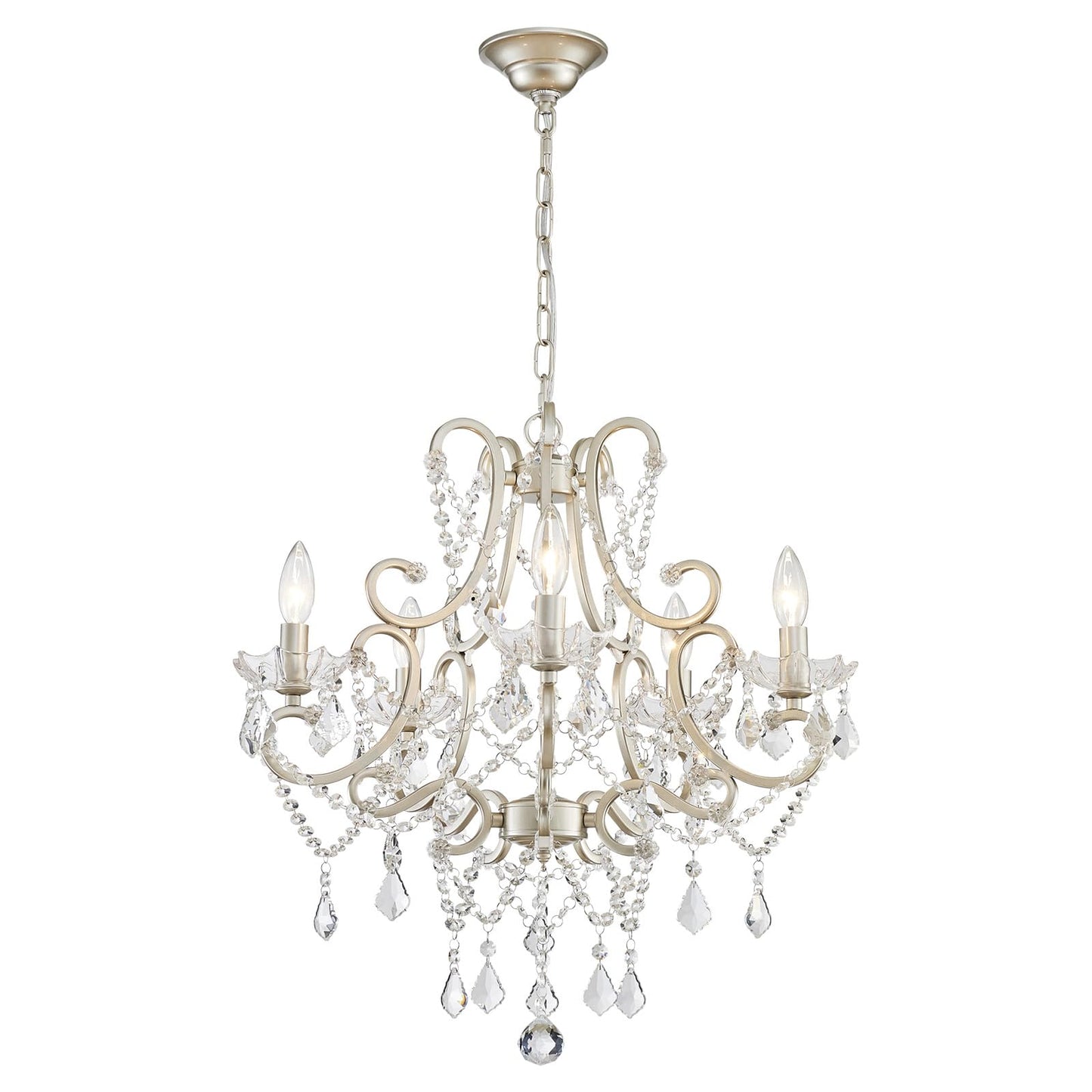 Crystal Chandelier, 5-Light Modern Chandelier for Dining Room Light Fixture, Nickel Finish Pendant Ceiling Light Fixture, Modern Candle Chandelier for Living Room Kitchen Island Entryway Bedroom