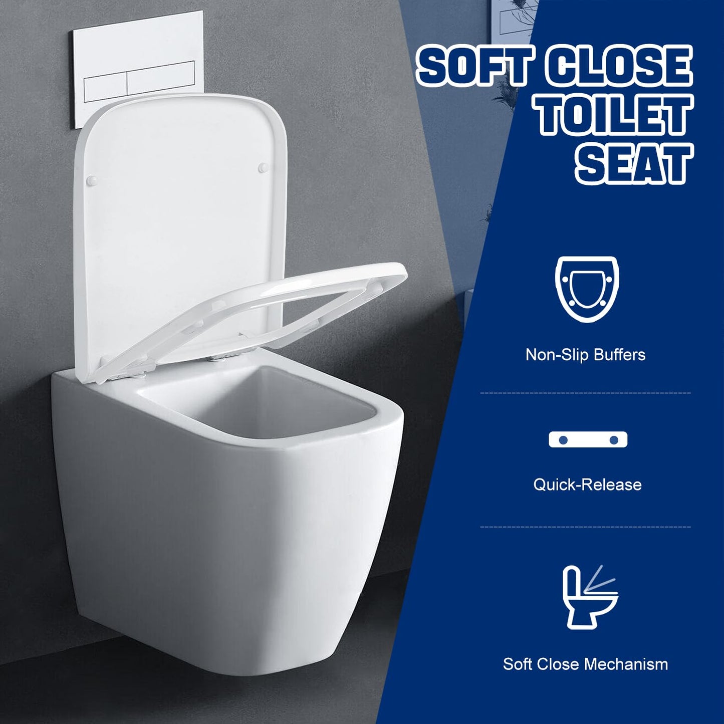 Mass Dynamic Square Toilet Seat- with Soft Close & Quick Release for Easy Cleaning, Universal Toilet Seat for Square Shaped Toilet Pans, Top Fixing Easy Installation (40.0cm L x 36cm W), White