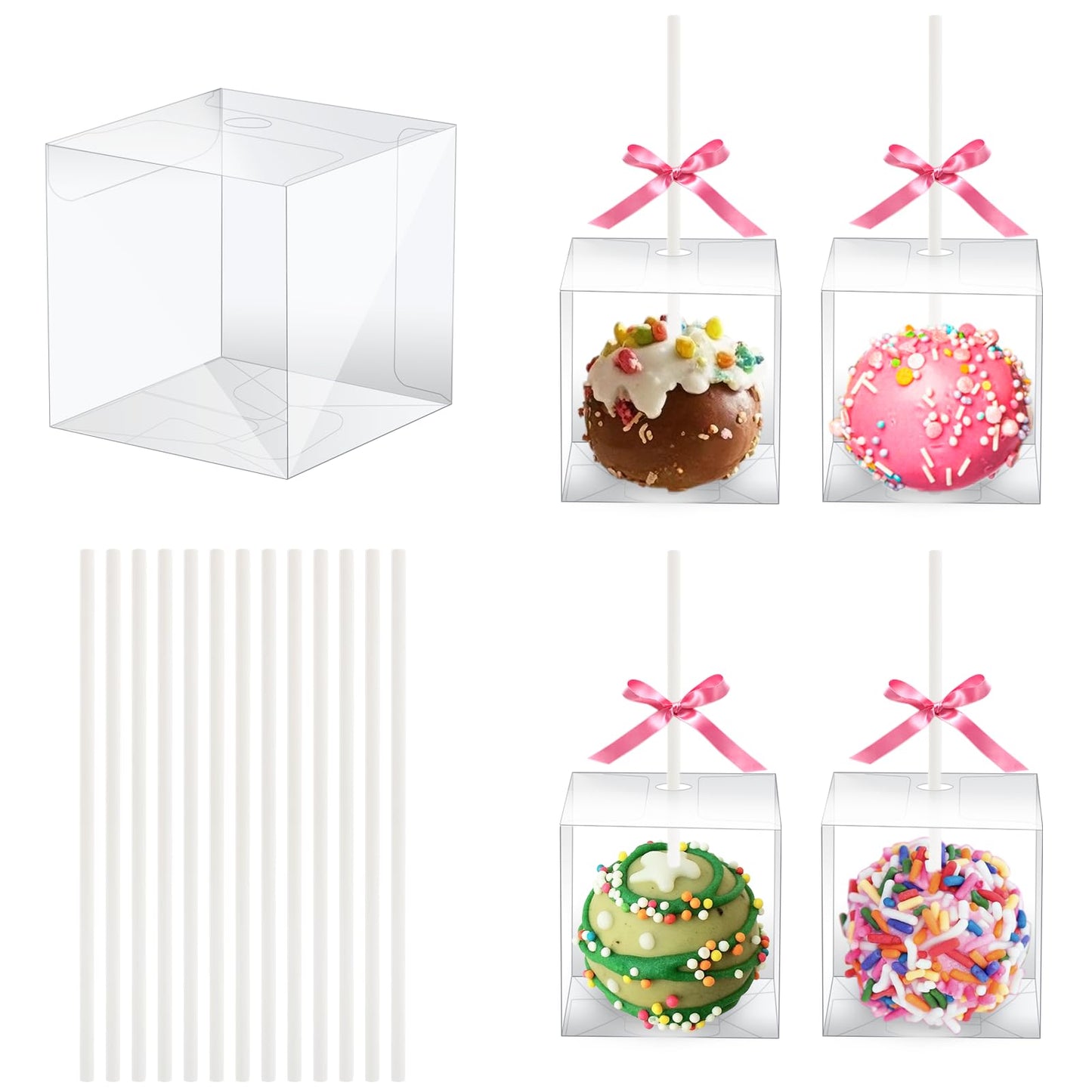 MGWOTH 100 Set Cake Pop Boxes with Paper Sticks Kit: Clear Gift Container with Holes for Candy, Macaron, Lollipop Packaging, Mini Plastic Cakepop Wrapping for Wedding Party Birthday Christmas