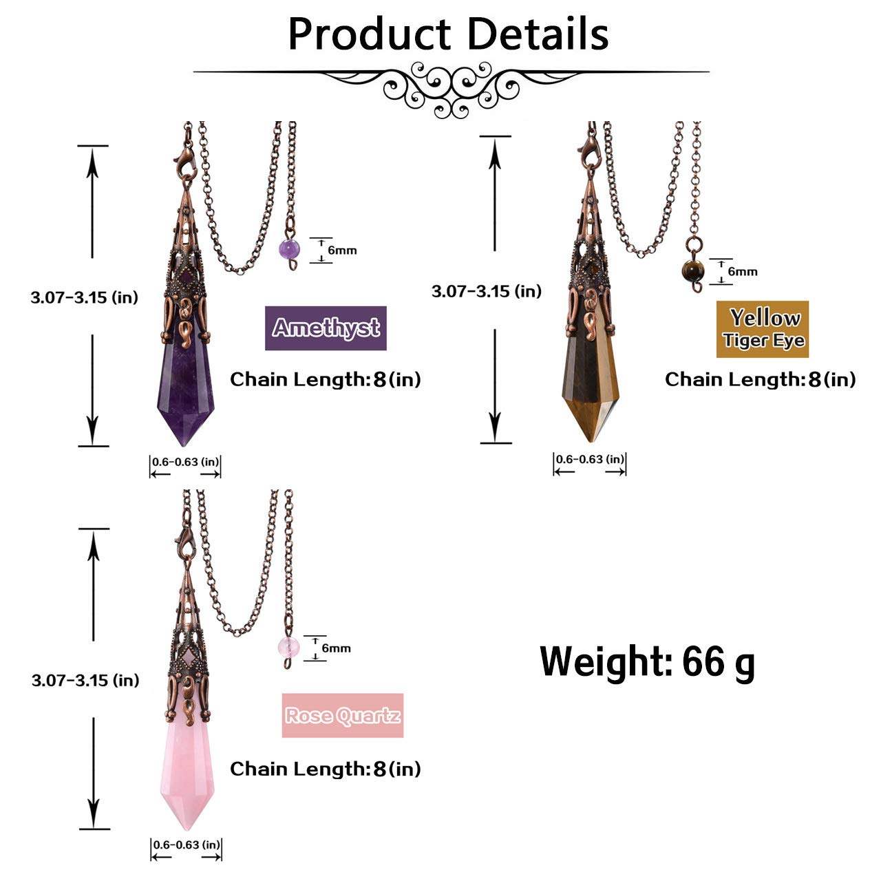 Jovivi 3pcs Natural Amethyst Rose Quartz Crystal 12 Facted Therapy Healing Dowsing Divination Pendulum Reiki Charged Chakra Balancing Pendant with Chain
