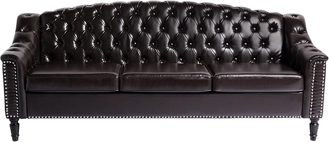 LEVNARY Mid-Century Modern Leather Couch, Chesterfield Sofa Sleeper Settee