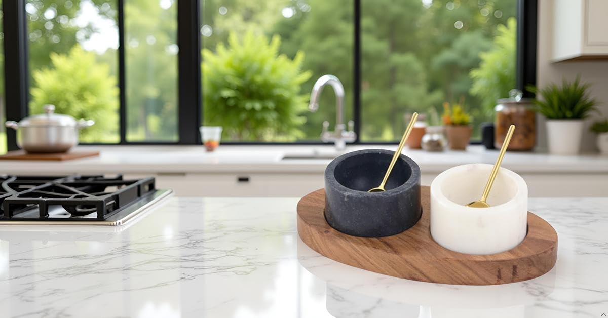 Cruiser’s Caché 2 Piece White and Black Marble Salt and Spice Cellar or Dipping Bowls with Wood Tray and Gold Spoons
