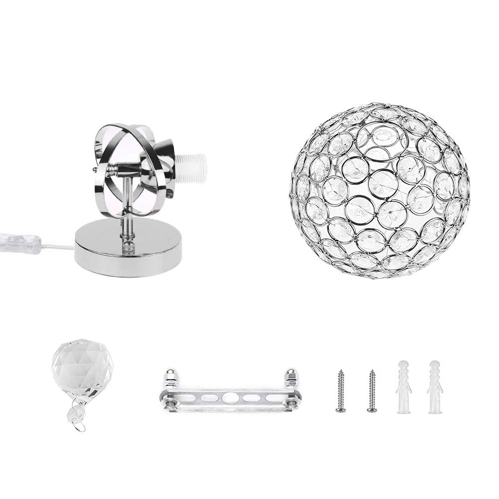 WeFoonLo Round Modern Crystal Wall Light Chrome Finish Bedroom Wall Sconce Lighting Fixture with Plug and Cord Switch, E26 Socket