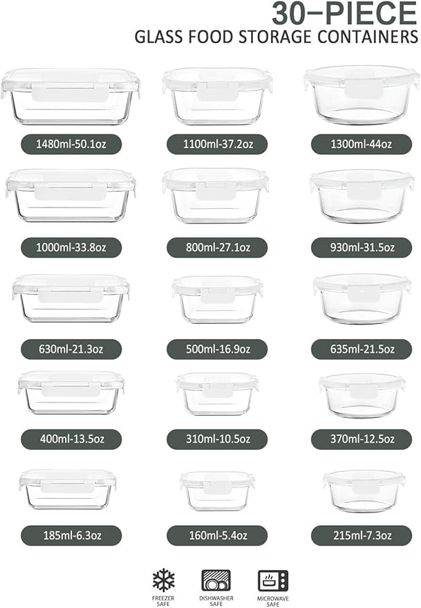 30 Pieces Glass Food Storage Containers