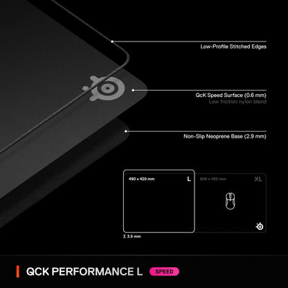 SteelSeries QcK L Performance Speed Gaming Mousepad — Extra Density for a Smooth Glide — Low-Profile Edge Stitching — Non-Slip Neoprene Rubber Base — 16.54 x 19.29 inch — FPS, MOBAs, RTS, MMO