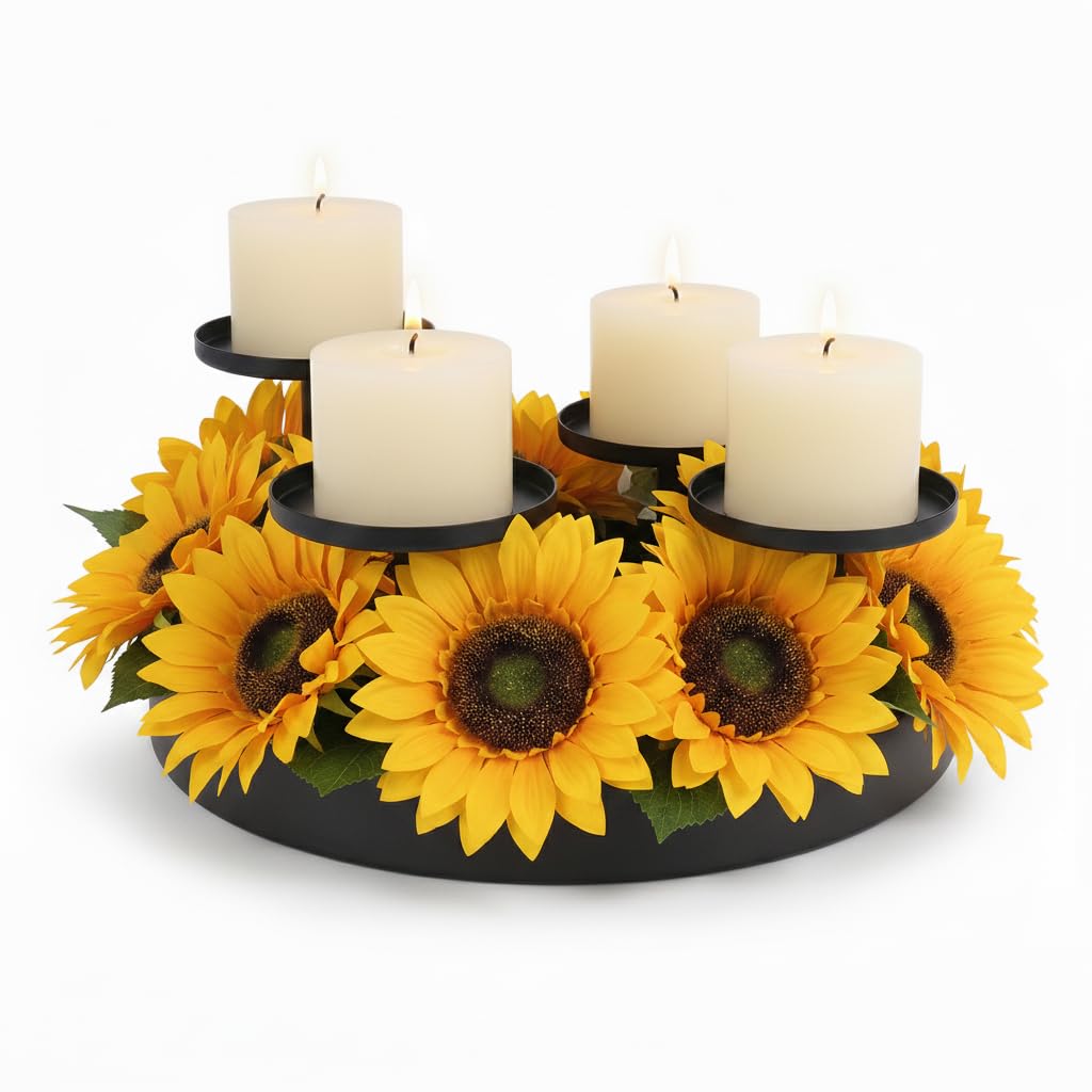 Livendow Circular Candle Holder, Black Metal Candle Stand, 4-Pillar Tiered Design | for Scented Candles, Pillar Candles | Creative Home Decor | Diameter 20CM/7.9 Inches (NO Flowers & Candles)