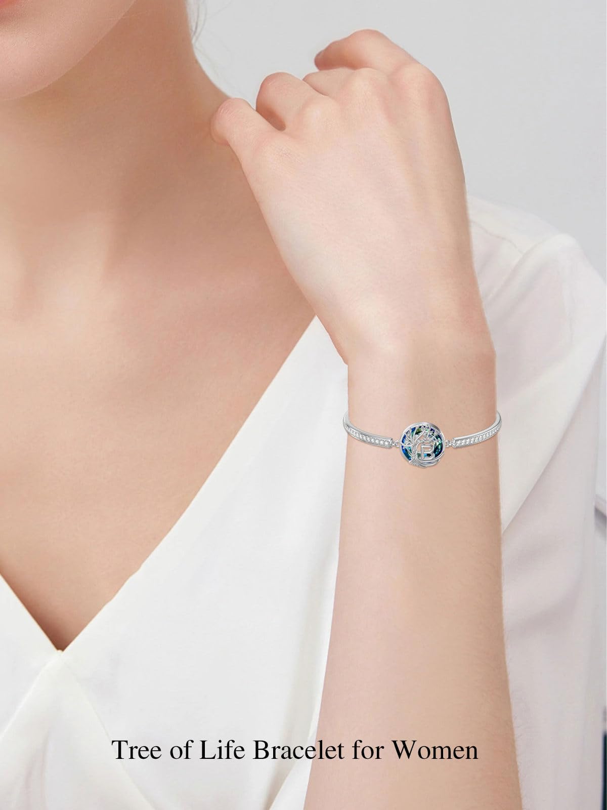 TOUPOP Tree of Life Bracelet Sterling Silver Initial B Letter Bangle Bracelet Family Tree Blue Crystal Jewelry Mothers Day Birthday Gifts for Women Mom Wife
