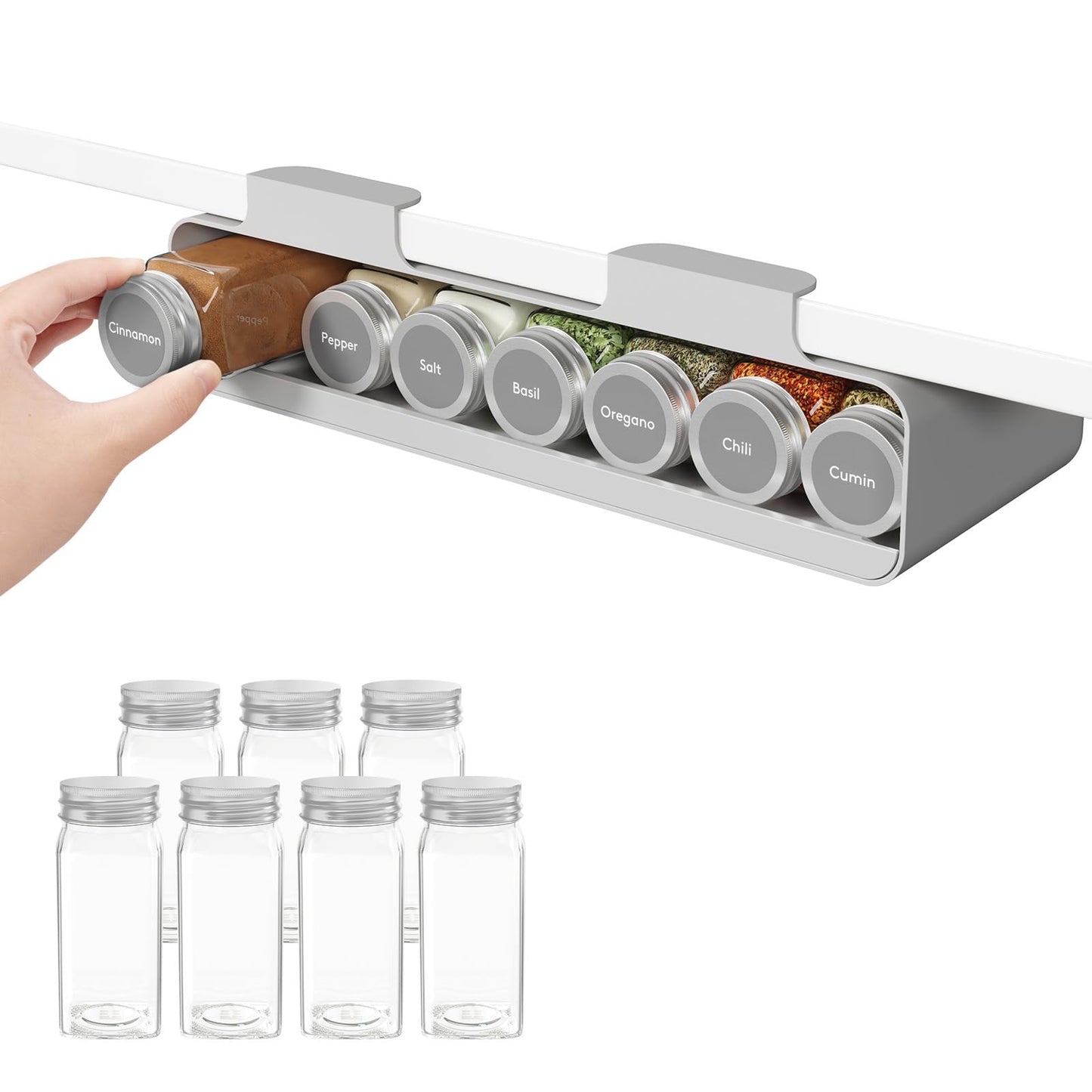 Lifewit Under Cabinet Spice Rack Organizer with 7 Jars, Lables, Under Shelf, Easy Refilling with Silicone Funnel,Seasoning Organizer for Kitchen Storage Solution, Gray