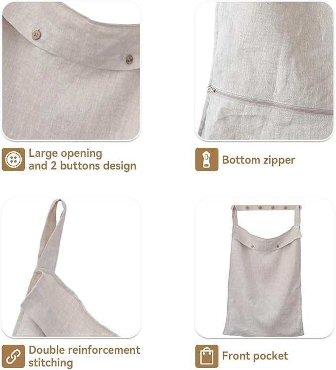 100% Linen Hanging Laundry Hamper Bag 20x27 Inch, Over the Door