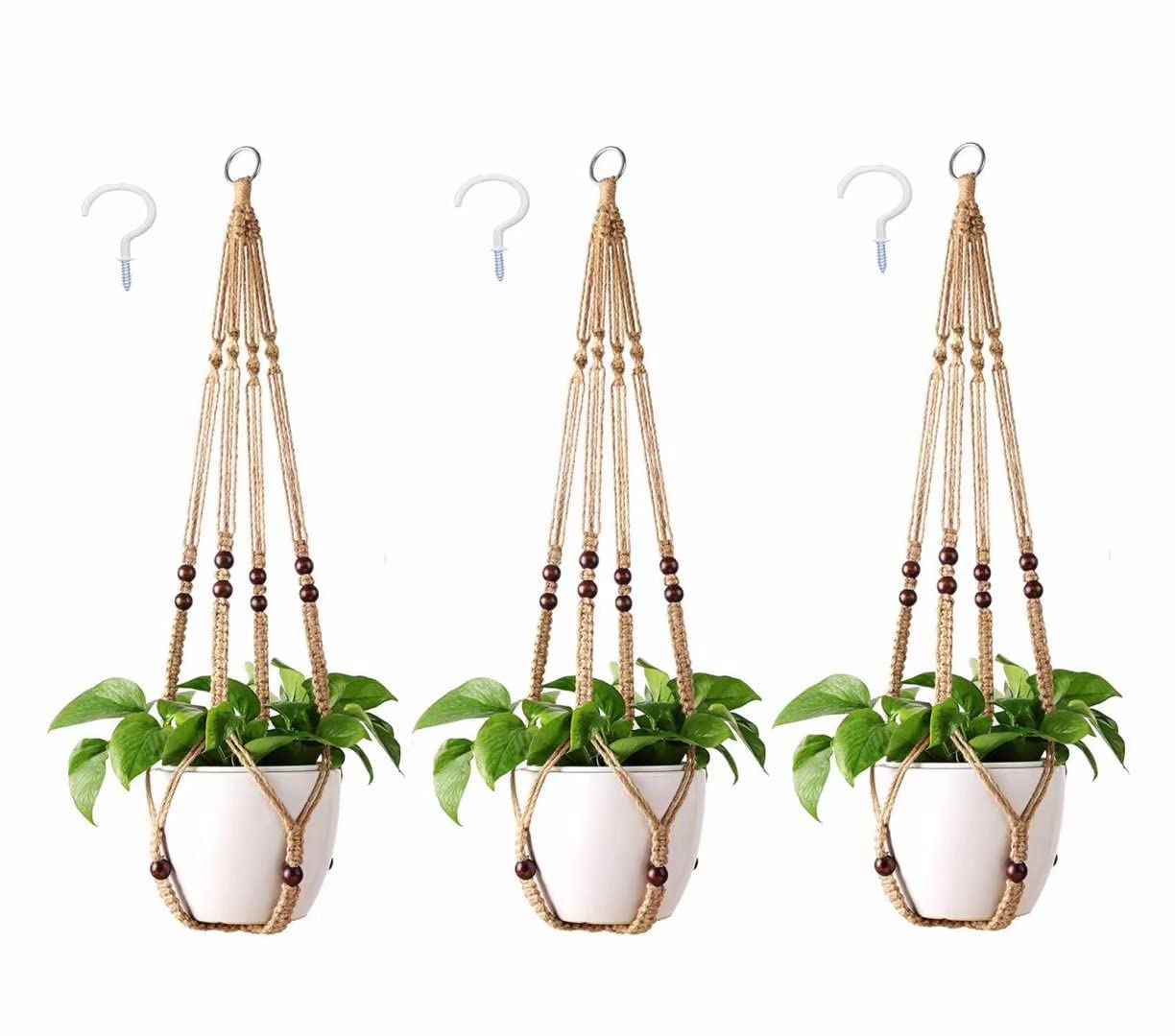 AKEIE Macrame Plant Hanger 3 Pack Indoor & Outdoor Wall Hanging Planter + 3 Hooks Hanging Planters Basket Cotton Rope 4 Legs 35 Inch Used for Herbs Ferns Ivy Crawling Plants Hanging Planters(Brown)