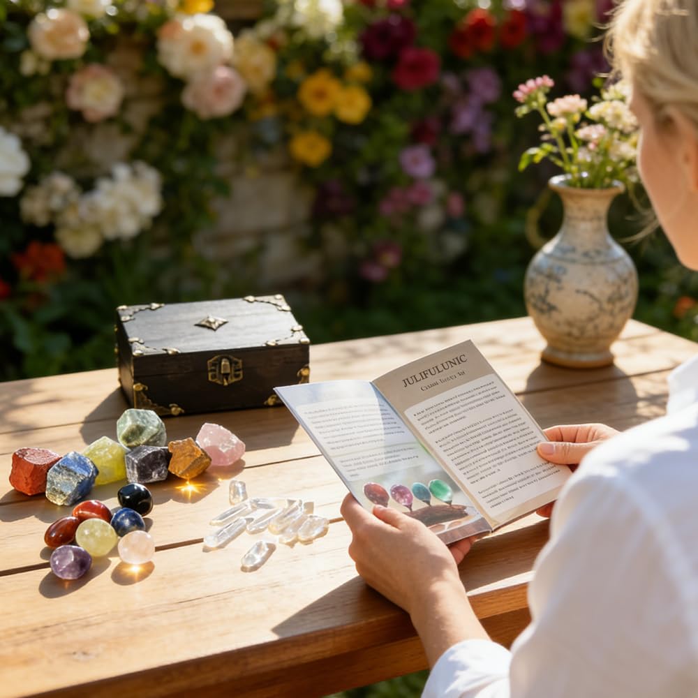 Juliful Unic 23-Piece Crystal Healing Set with 7 Raw & 7 Polished Stones 9 White Quartz Authentic Brazil & Uruguay Crystals in Wooden Box Complete Chakra Kit with Guide for Meditation Reiki Gift