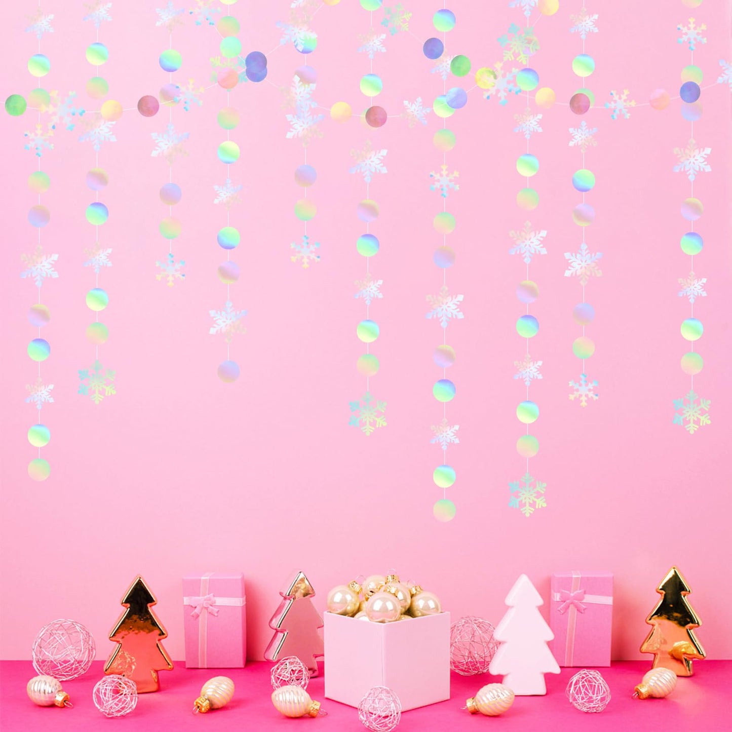 Snowflake-Snow Iridescent-Holographic Christmas Party-Decoration Garland - 52Ft Winter Wonderland Frozen Hanging Paper Streamers,Birthday New Year Supplies Decor Lasting Surprise