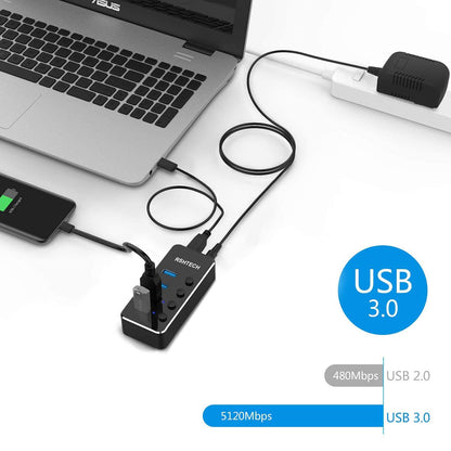 RSHTECH Powered USB Hub Aluminum 4-port USB 3.0 Hub with 5V/2A Power Supply and Individual On/Off Switch (Black)