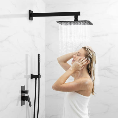 Black Shower System Sets Faucet: EMBATHER 10 Inch Overhead Rainhead Shower Combo Set with Handheld and Valve-Luxury Rain Mixer Rainfall Black Shower Faucets Sets Complete