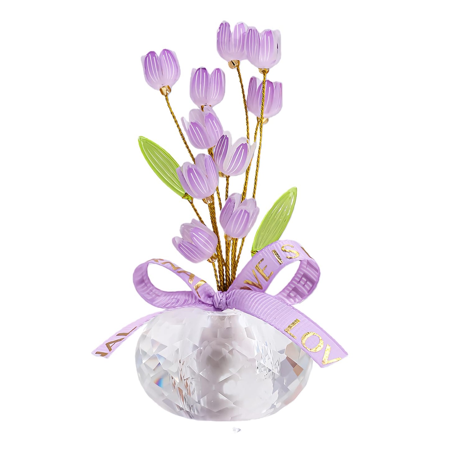 Crystal Flower Figurine - Handmade Mini Flower Decor with Crystal Base, Plastic Artificial Petals and Adjustable Wire, Cute Floral Ornament for Home/Office/Car, Ideal Gift for Women(Purple Tulips)