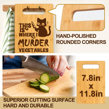 Funny Black Cat Gifts for Women Cat Mom Kitten Lovers Dietitian Friends, This is Where I Murder Vegetable Bamboo Cutting Board for Kitchen, Birthday Mothersday Thank You Gifts for Home Decor