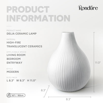 RONDURE 11.0" Modern Ceramic Table Lamp, Fully Dimmable Modern Bedside Lamps for Bedroom, Living Room and Nightstand, White Translucent Ceramic Shade, Warm Ambient Lighting, Corded, Bulb Included