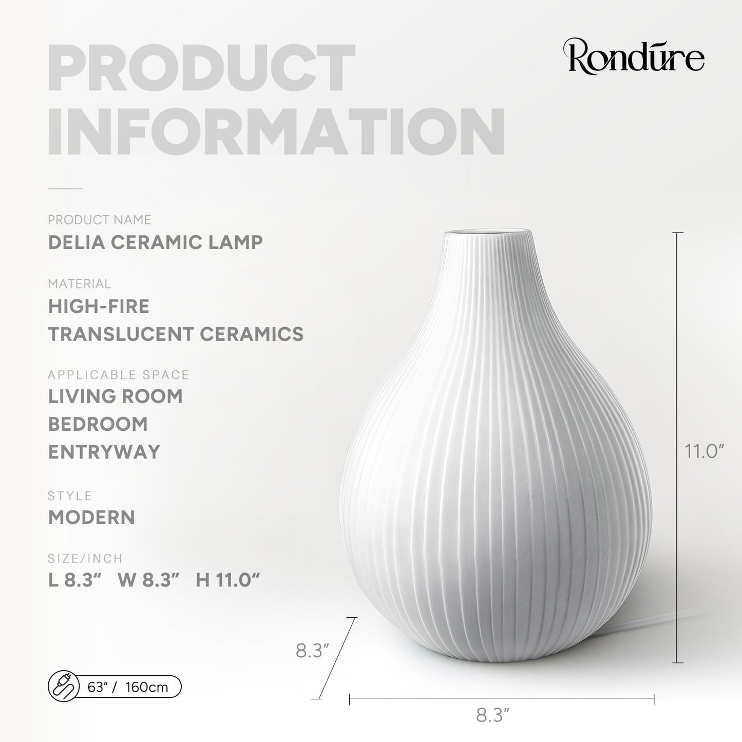 RONDURE 11.0" Modern Ceramic Table Lamp, Fully Dimmable Bedside Lamp for Bedroom Living Room Nightstand, White Translucent Ceramic Shade, Warm Ambient Decorative Corded Lighting, Bulb Included