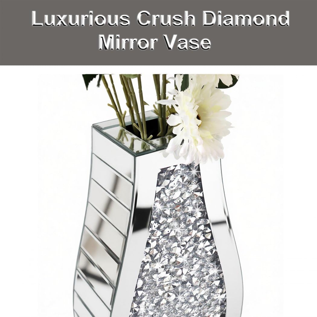 15" Crushed Diamond Mirror Vase, Silver Luxury Table Decor