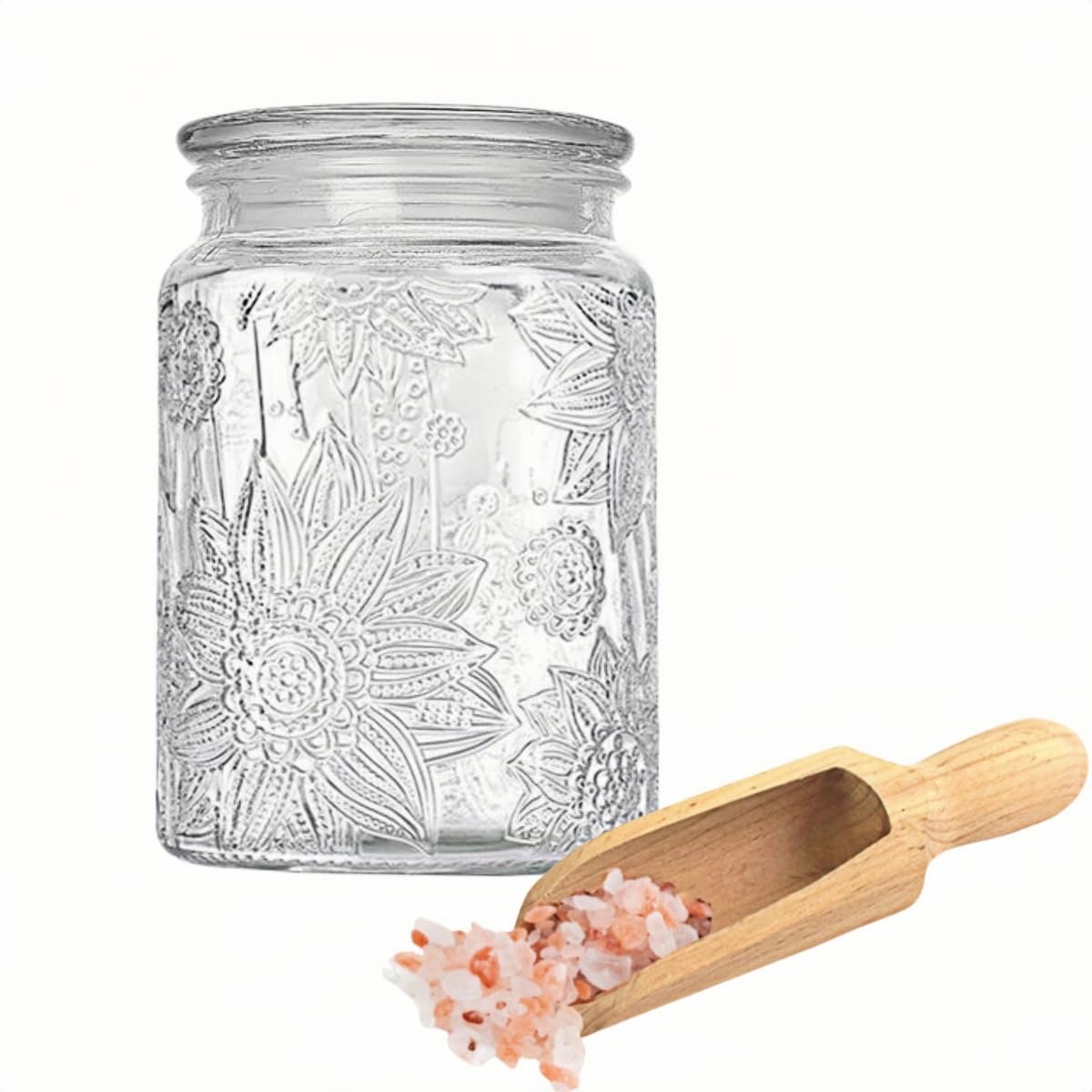 Glass Bath Salt Jar with Wooden Scoop, 23.7oz Bath Salt Container with Lid, Coffee Grounds Container, Coffee Canister