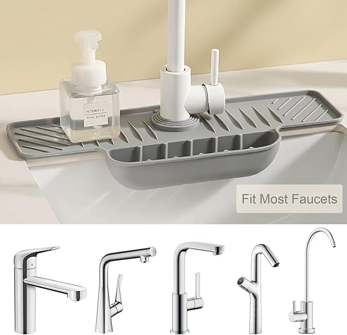 Silicone Faucet Mat with Sponge Holder, Sink Splash Guard, Faucet Draining Mat