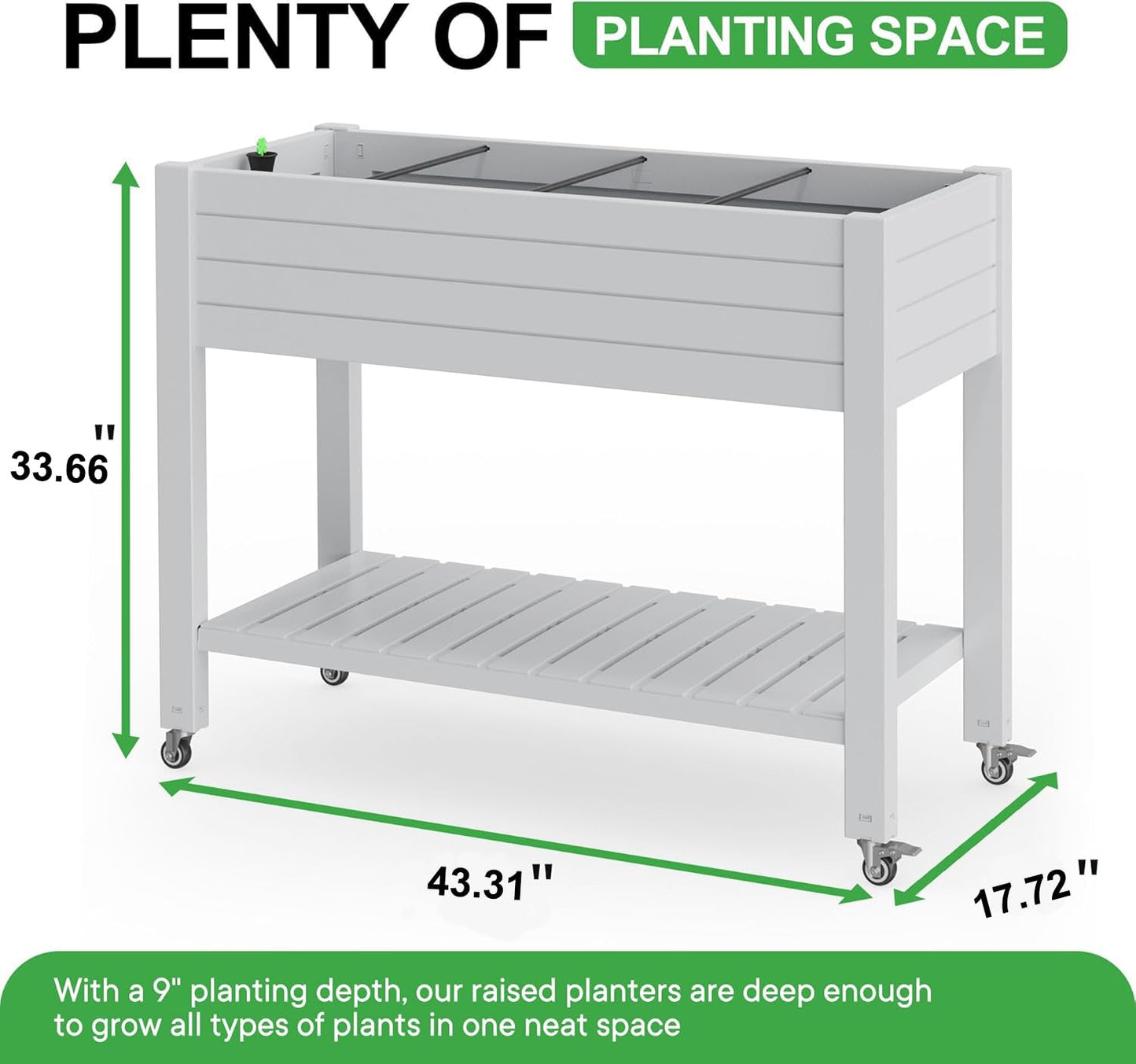PatioZen Raised Garden Bed with Legs, 33.66" Tall Self-Watering Resin Planter Box with Lockable Wheels Drainage Plug and Gauge for Vegetables, Flowers, Storage Shelf for Tools and Accessories (Ashen)
