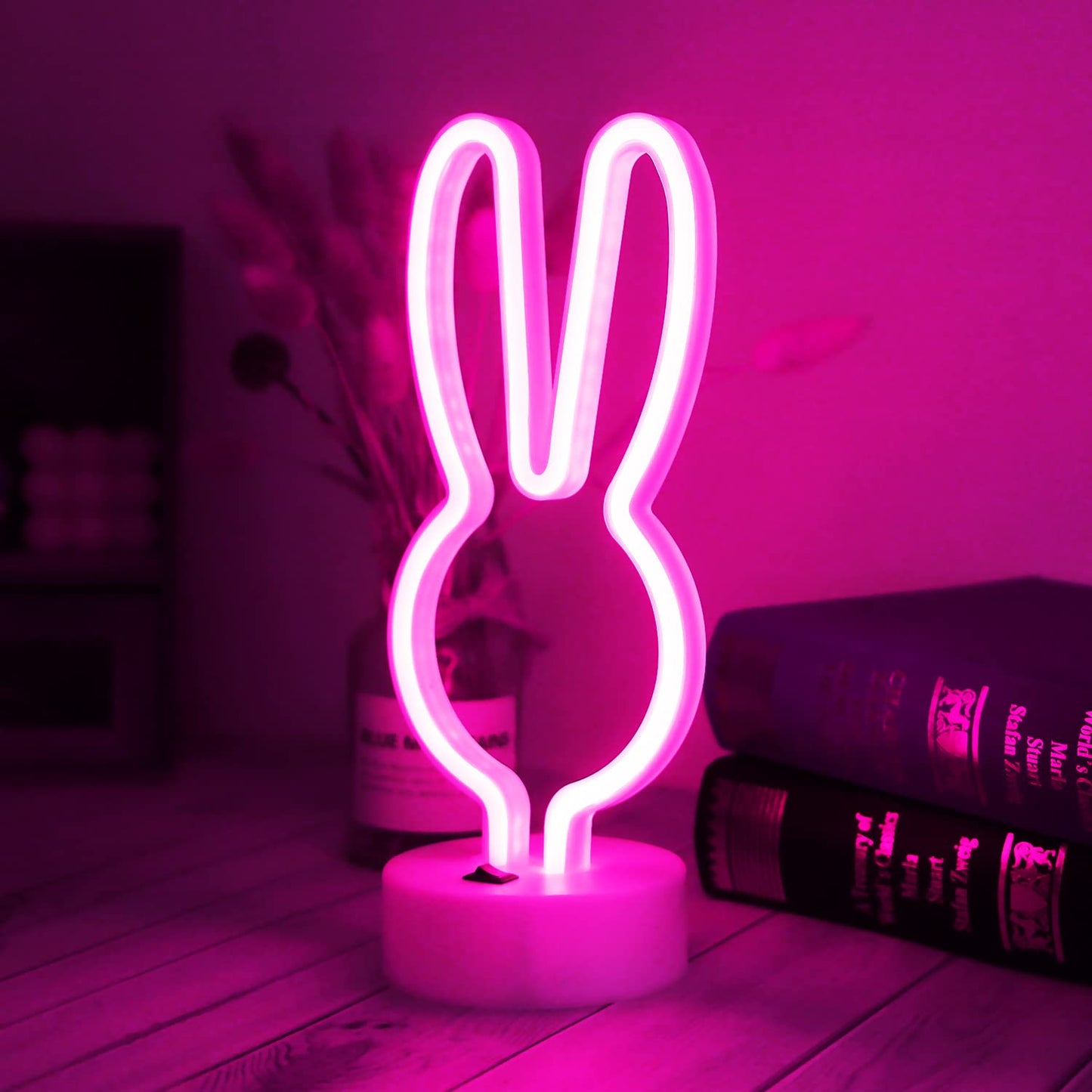 Easter Decorations Neon Signs, Creative Bunny Lights with Base - Battery/USB Operated Rabbit Stuff for Home, Nursery Room, Kids Bedroom, Spring Decor (Pink)