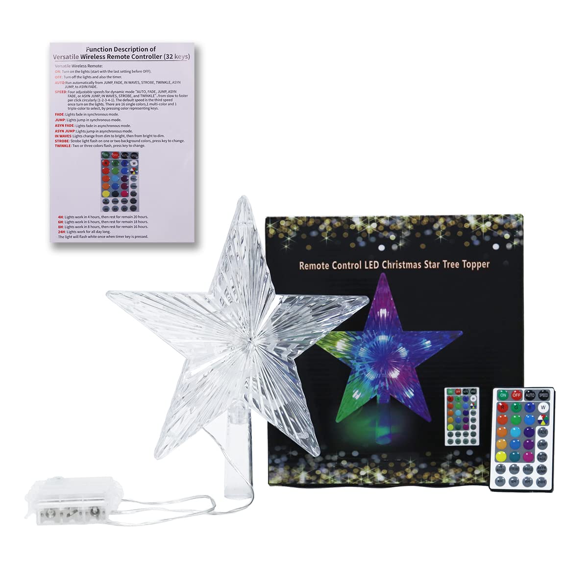 Brogrous Christmas Star Tree Topper Lights 9.5inch 10LED Multicolour with Versatile Remote Controller 3AA Battery Powered Tree-top Star for Xmas Tree Home Decoration（Indoor and Outdoor ）