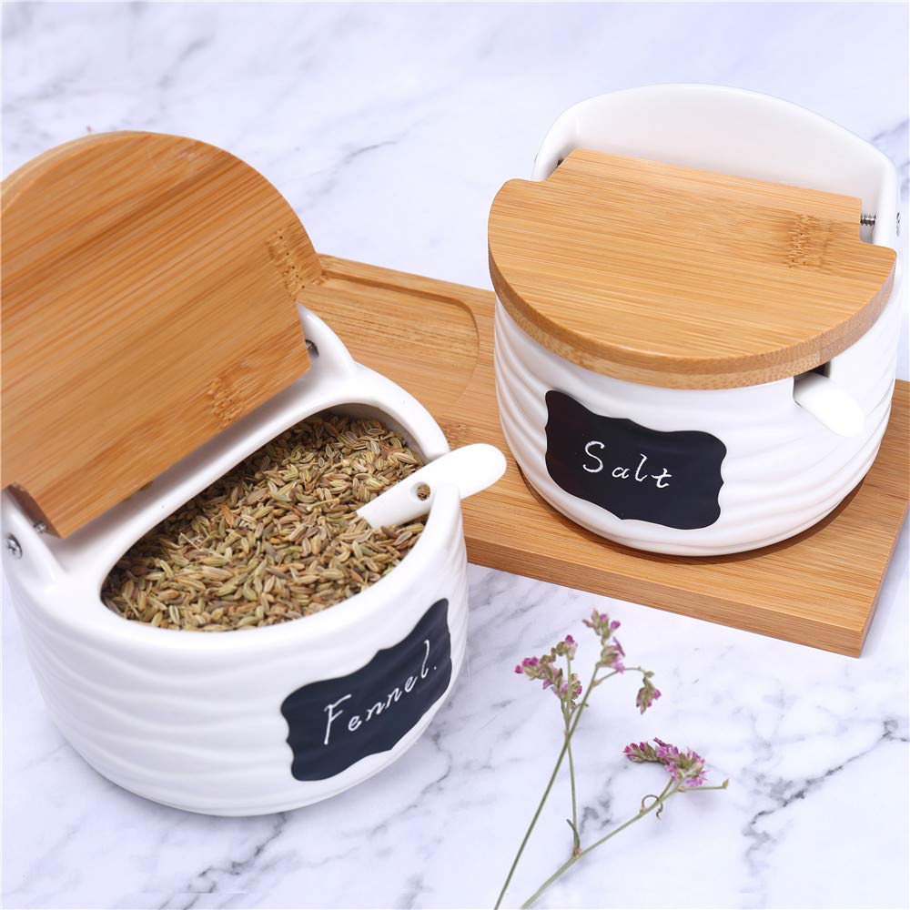 Lucky Goddness Ceramic Sugar Bowl with Lids and Spoons-Porcelain Condiment Container Spice Jar,Salt Cellar for Kitchen,with Chalkboard Labels,8.8 fl oz 260ML