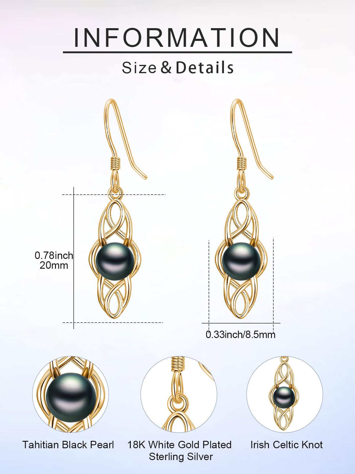 KANNSOAR Tahitian Black Pearl 18K AAAA Yellow Gold Plated Sterling Silver Celtic Knot Dangle Drop Earrings for Women Wife Mom Girlfriend Her Jewelry Gift for Anniversary Birthday Christmas