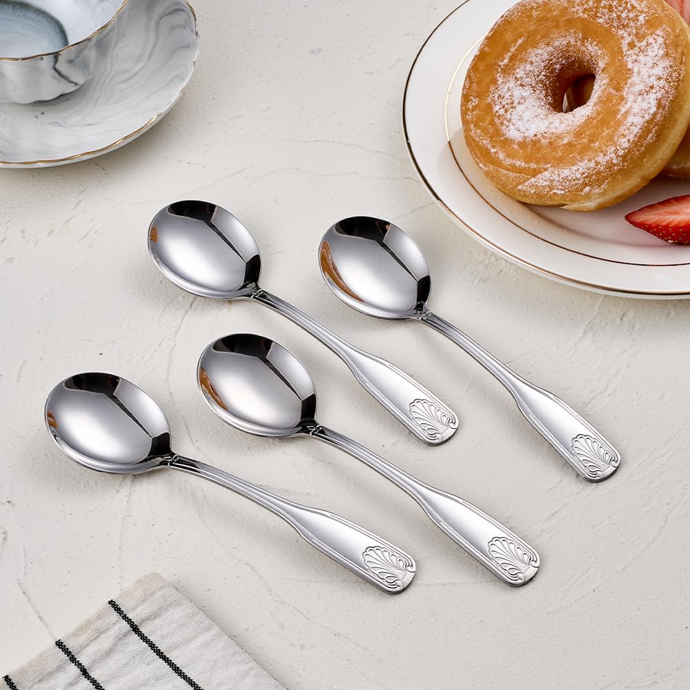 Deeny Jarte 12-Piece Soup Spoon Set, 6.4-Inch Stainless Steel Round Spoons Dessert Spoons, Shell Pattern Teaspoons, Mirror Polished spoons silverware, Dishwasher Safe
