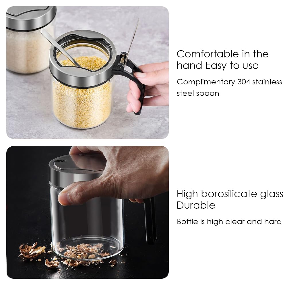 TINMIX Revolving Condiment Pots Sugar Bowl Salt & Pepper Cellar with Lid and Spoon, Set of 4 Seasoning Box Spice Jar with 360 Rotating Holder Tray for Kitchen, 4 Pots
