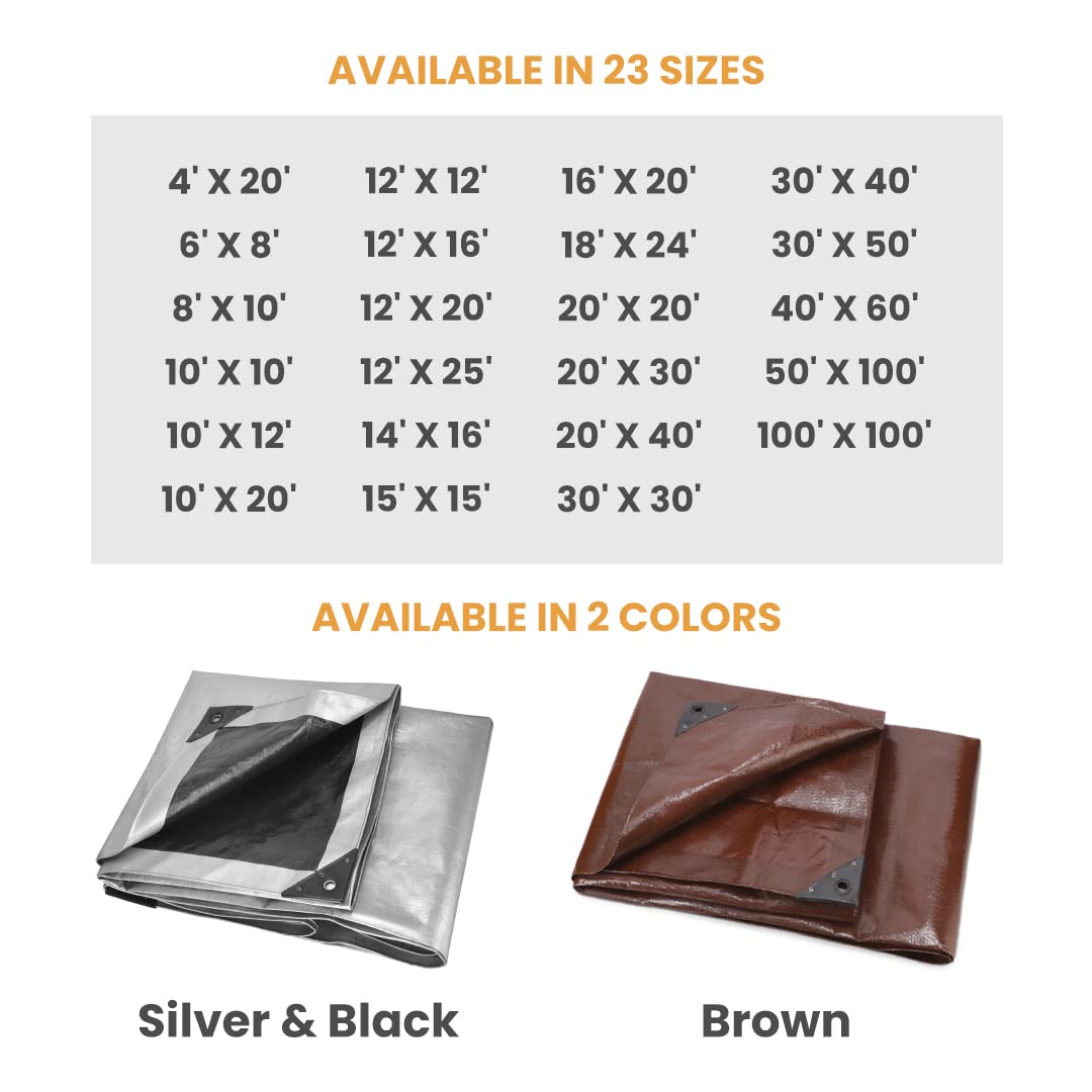 WHITEDUCK Super Heavy Duty Poly Tarp Cover 16 Mil & 10 Mil with Grommets and Reinforced Edges (Brown, White & Silver Black) (Brown- 16 Mil, 40' x 60')