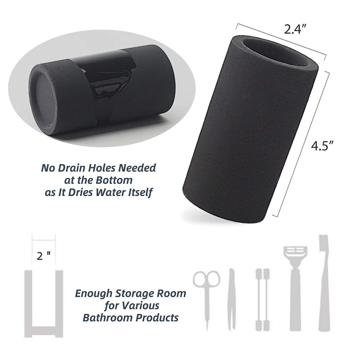 HouseSister Fast-Drying Diatomite Toothbrush Holder - Bathroom Countertop Organizer Stand for Toothpaste, Makeup Brushes, Razors & Accessories (Black)