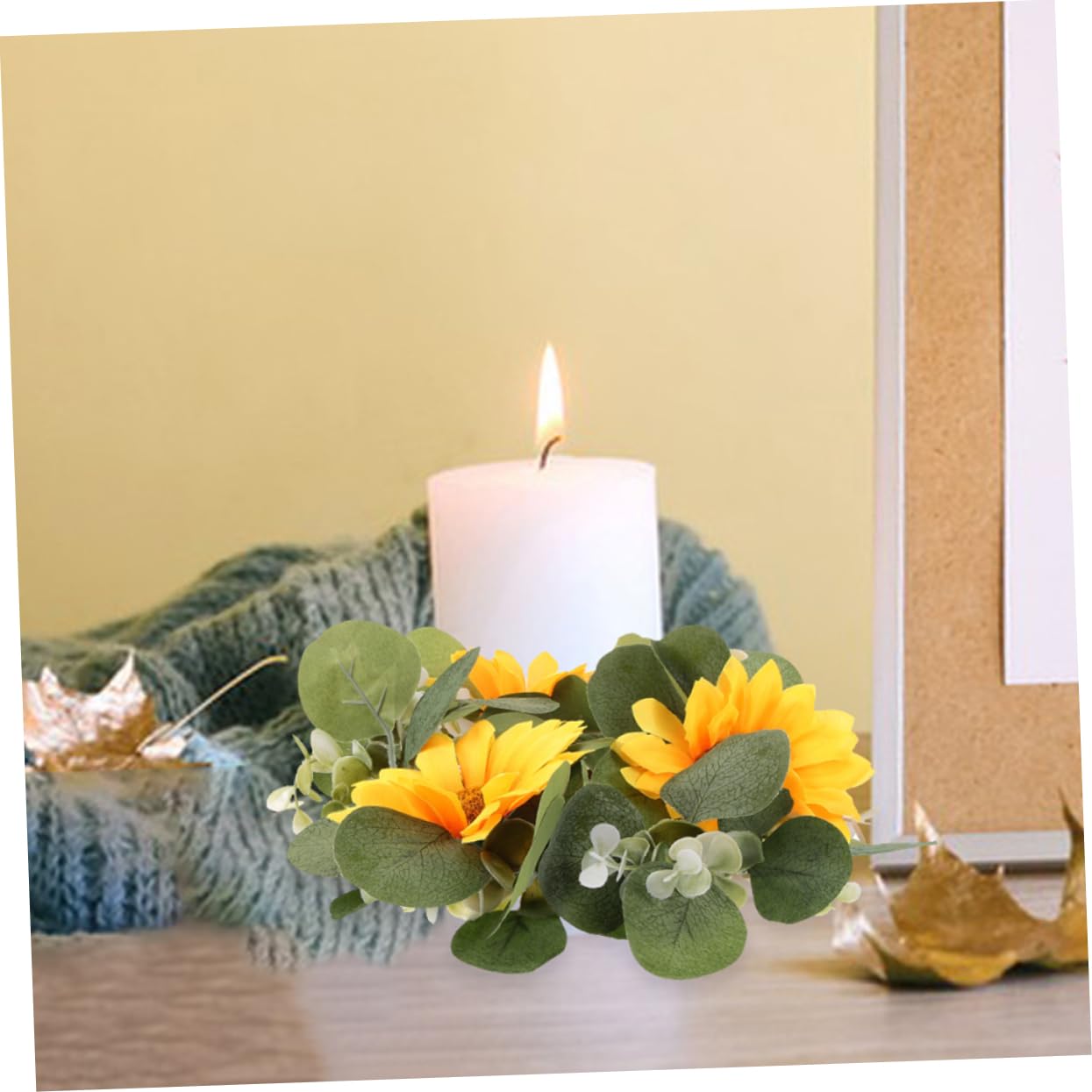 Ciieeo 2pcs Sunflower Eucalyptus Candle Wreaths for Spring Decor Lifelike Floral Centerpieces for Weddings and Home Farmhouse Style Candle Decoration