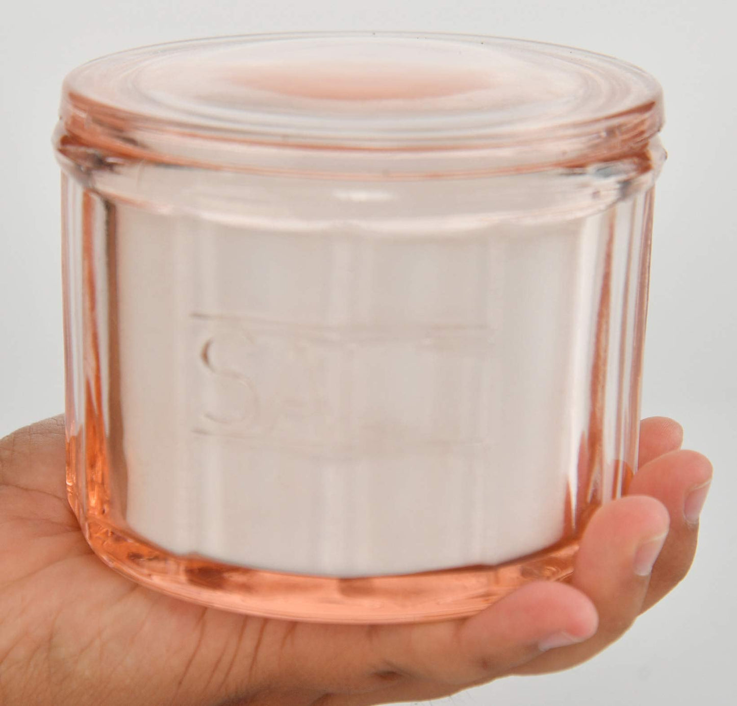 HOME-X Depression Style Pink Glass Salt Cellar with Lid, Retro Kitchen Decor, Wedding Gift - 3 1/2" H x 4" D
