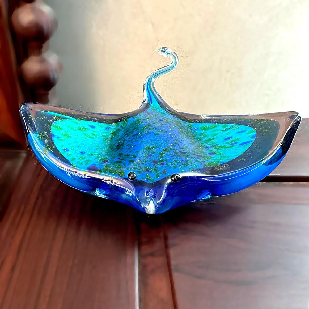 JinShiY Handmade Glass Blown Marine Animal Figurine Glaze Devil's Fish Sculpture Modern Miniature Home Decoration Christmas Kids Gift, Green