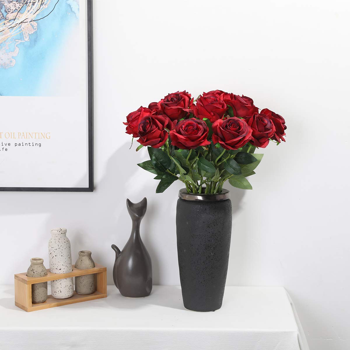 Tifuly 12 PCS Artificial Roses, 19.68'' Single Long Stem Fake Rose Silk Bridal Wedding Bouquet Realistic Flower for Home Garden Party Hotel Office Decor(Blossom Roses,Burgundy)