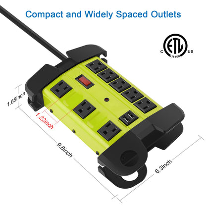 Heavy Duty Power Strip with USB, Workshop 8 Outlet Surge Protector 2700 Joules, Industrial Metal 15Amp Power Strip, 6FT Extension Cord and Wide Spaced. Yellow