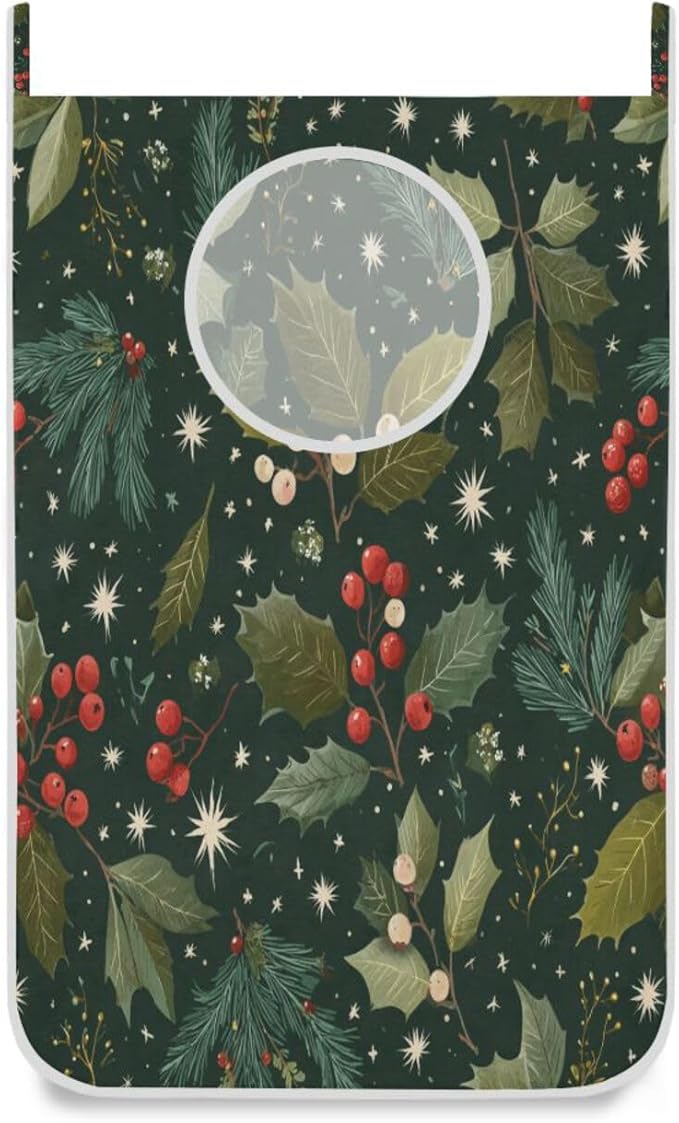 Green Christmas Holly Berries Pine Needles Leaves Hanging Laundry Hamper Door