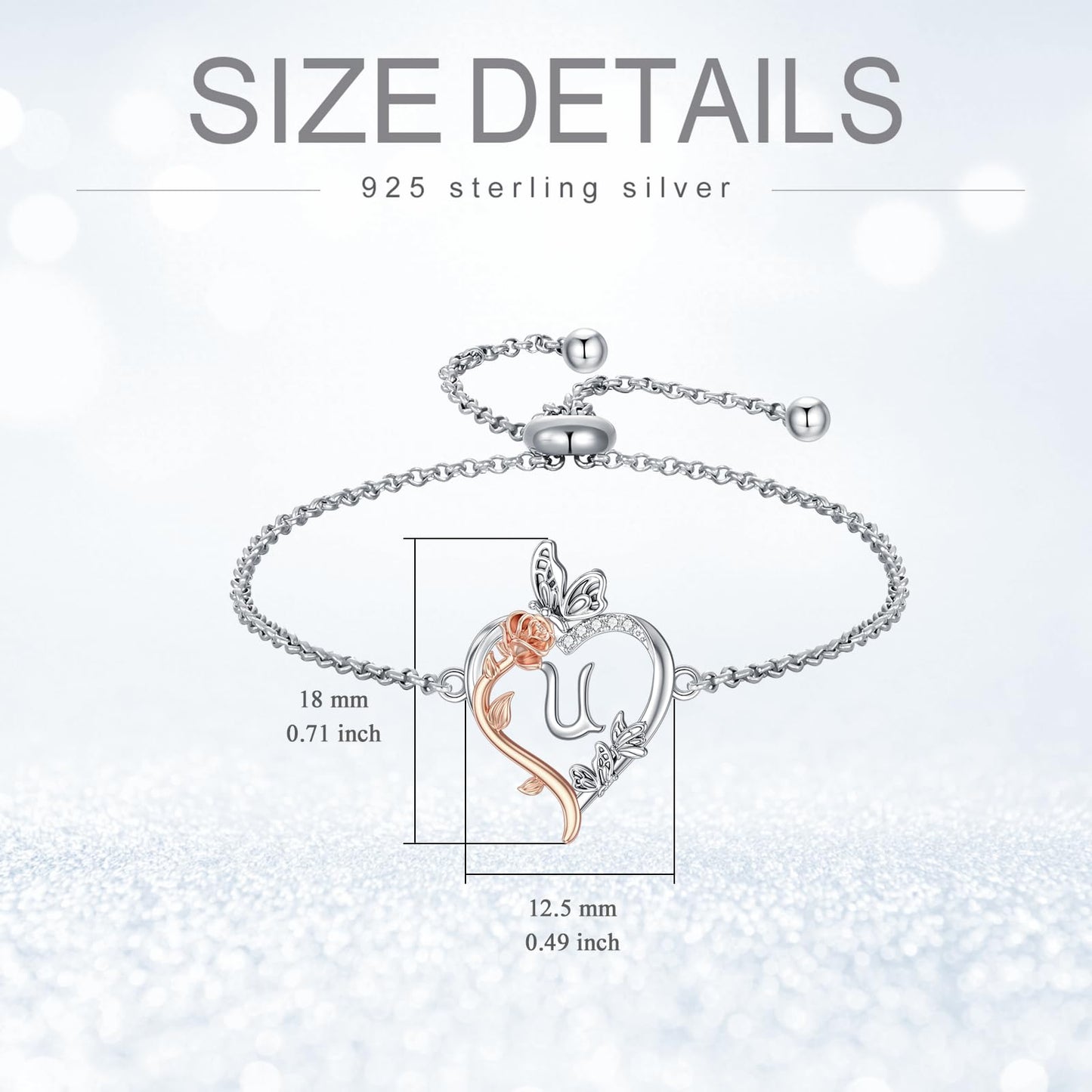 TOUPOP Rose Heart Bracelet for Women Sterling Silver Heart Initial U Letter Bracelet Butterfly Love Jewelry Anniversary Birthday Mothers Day Gifts for Mom Wife Her Girlfriend