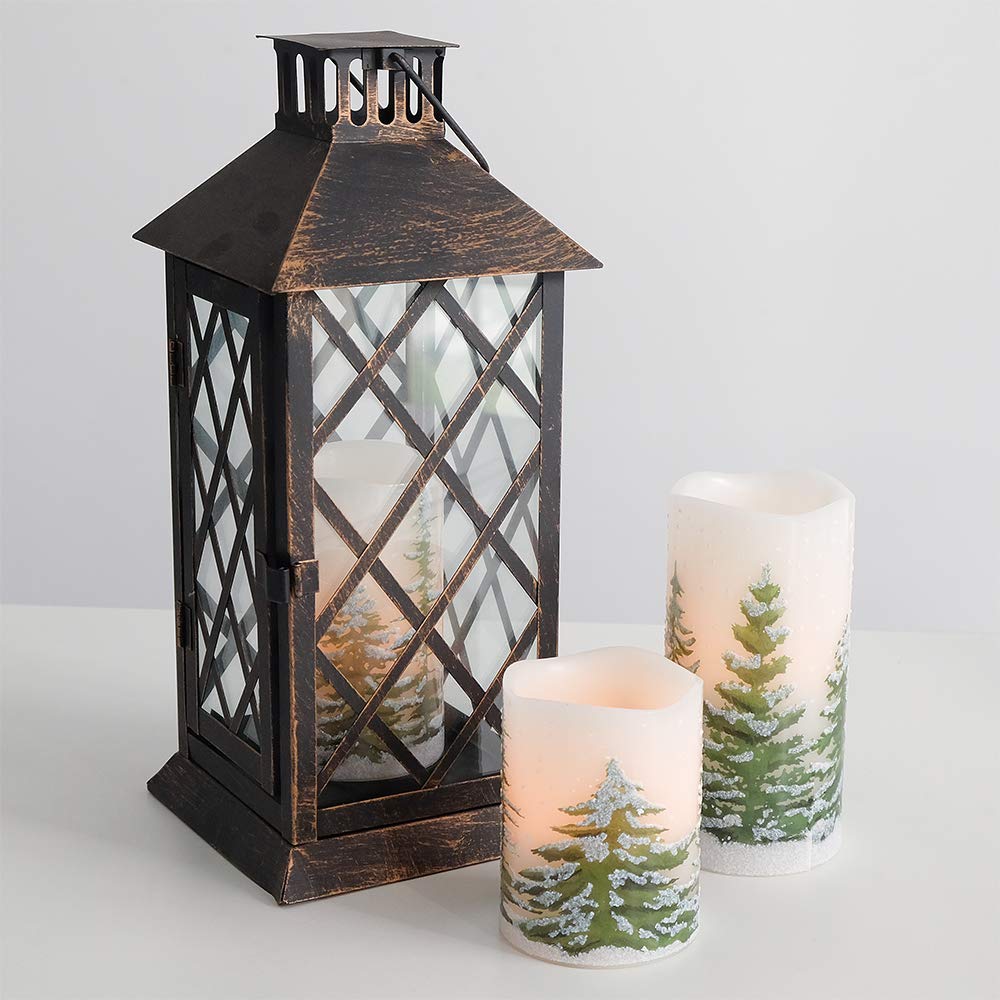 Eldnacele Green Tree Christmas Decor Flameless Flickering Candles with Automatical Daily Timers, Battery Operated LED Candles Real Wax Decals Pack 3 Tiered Pillars 3 x 4 5 6 Inches