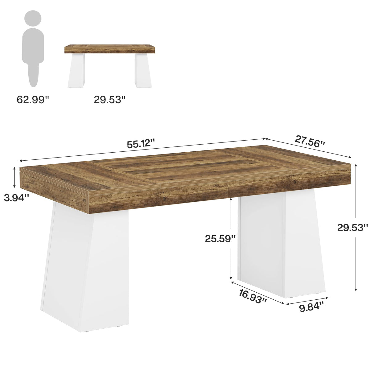 Tribesigns 55" Executive Desk, Wooden Office Desk with Double Pedestal, Modern Simple Computer Writing Table for Home Office, Brown & White